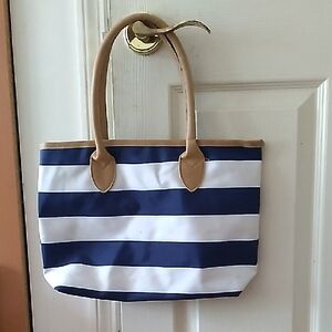 Stylish Navy and White Striped Tote with Tan Handles